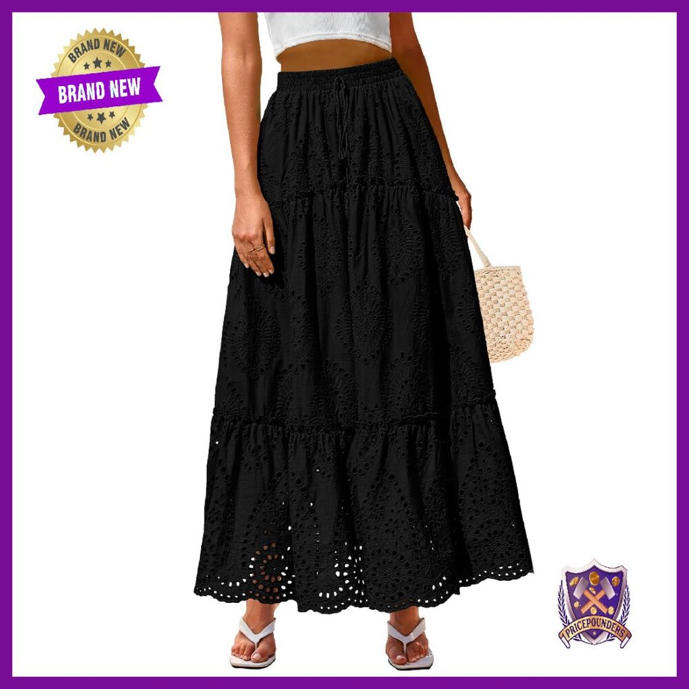 Lace Embroidery Tiered Maxi Skirt High Waist Flowy Summer Beach
